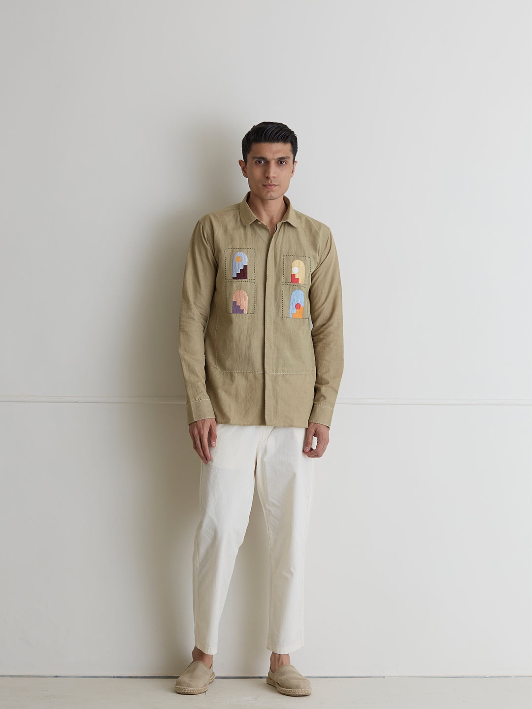 

ARTLESS Embroidered Relaxed Hemp Cotton Casual Shirt, Olive
