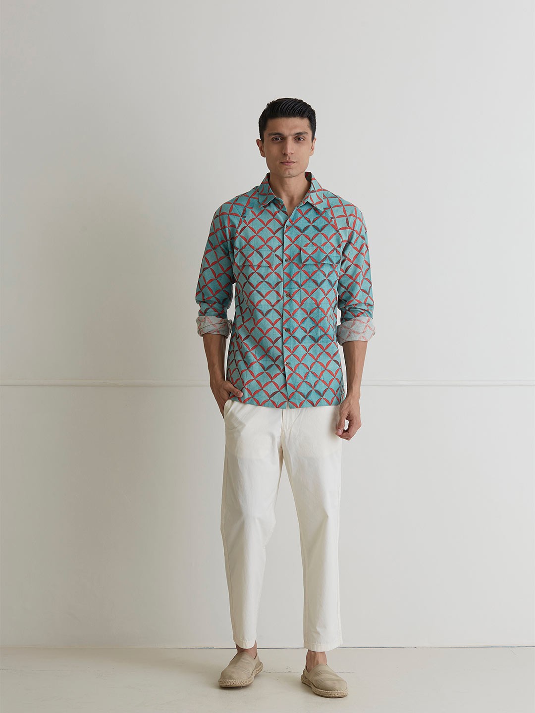 

ARTLESS Geometric Printed Relaxed Organic Cotton Casual Shirt, Blue