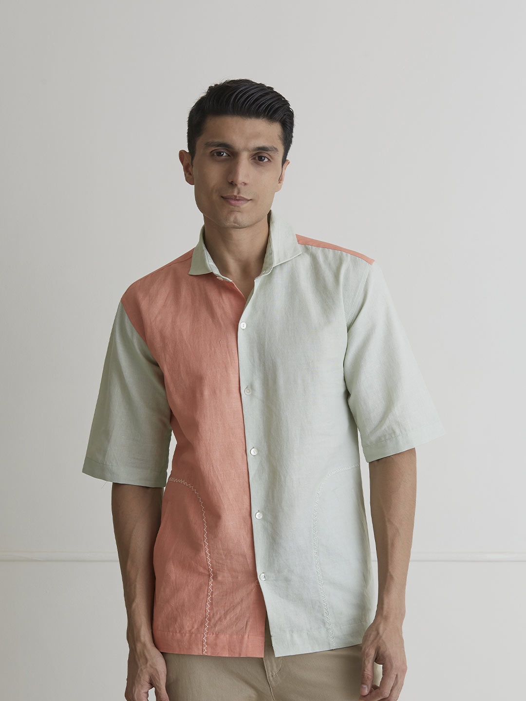 

ARTLESS Colourblocked Relaxed Hemp Cotton Casual Shirt, Peach