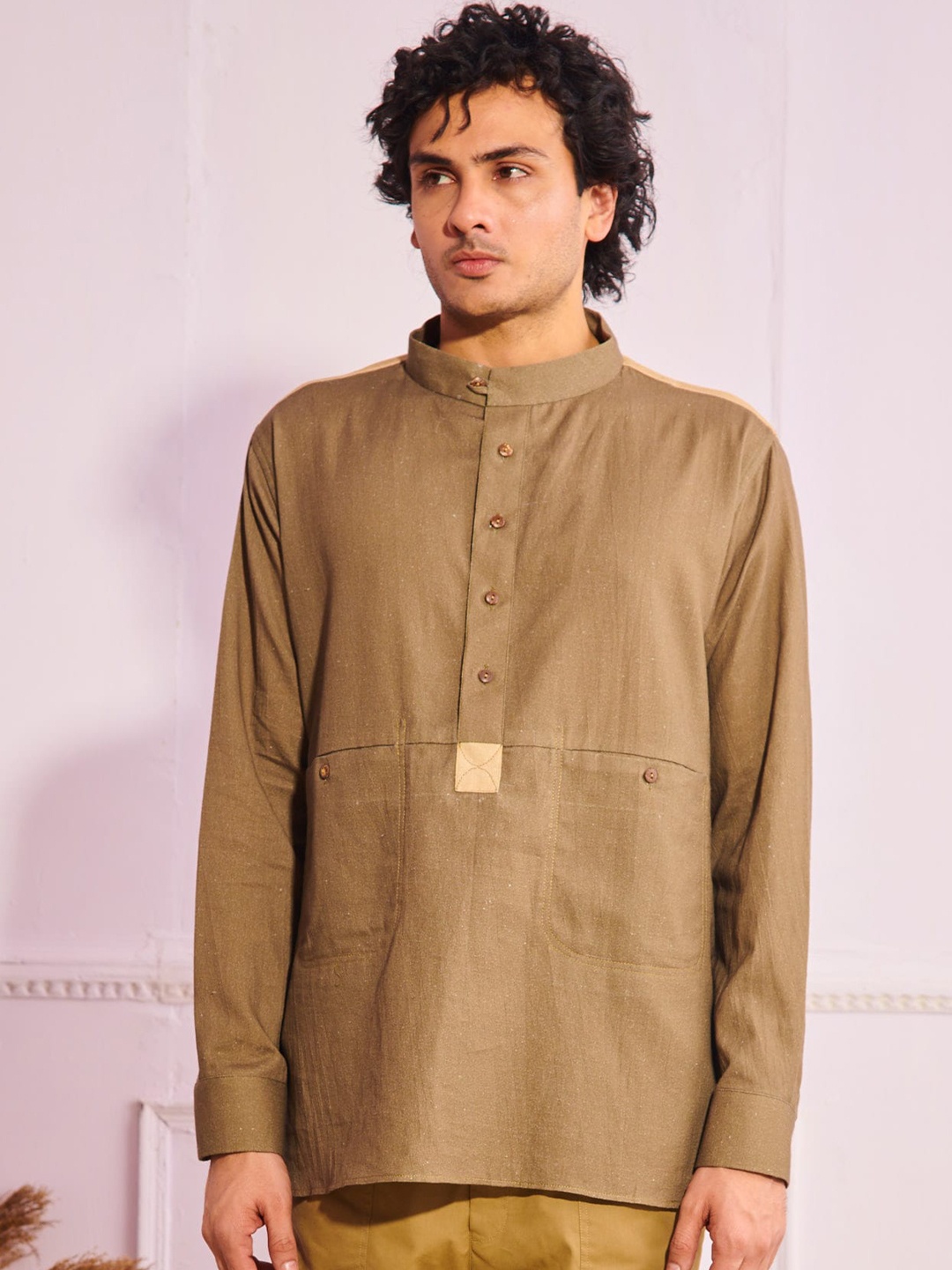 

ARTLESS Relaxed Colourblocked Casual Shirt, Khaki