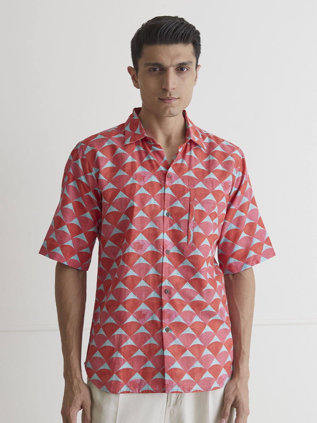 

ARTLESS Relaxed Conversational Printed Pure Cotton Casual Shirt, Pink