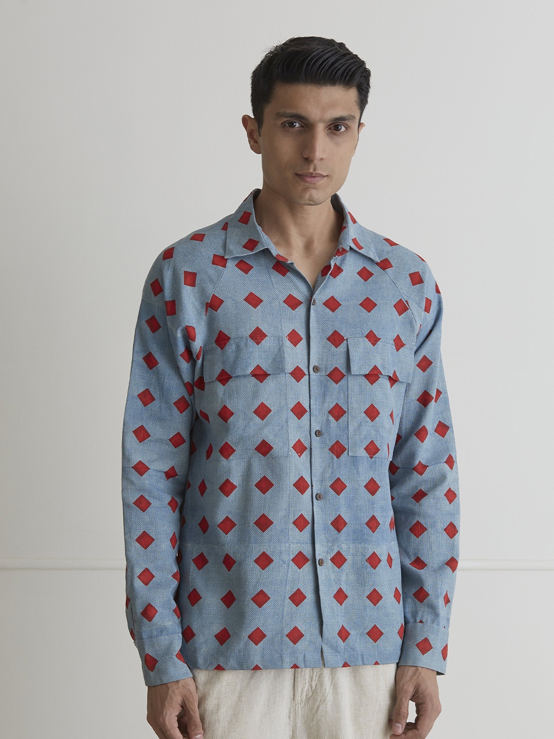 

ARTLESS Relaxed Geometric Printed Pure Cotton Casual Shirt, Blue