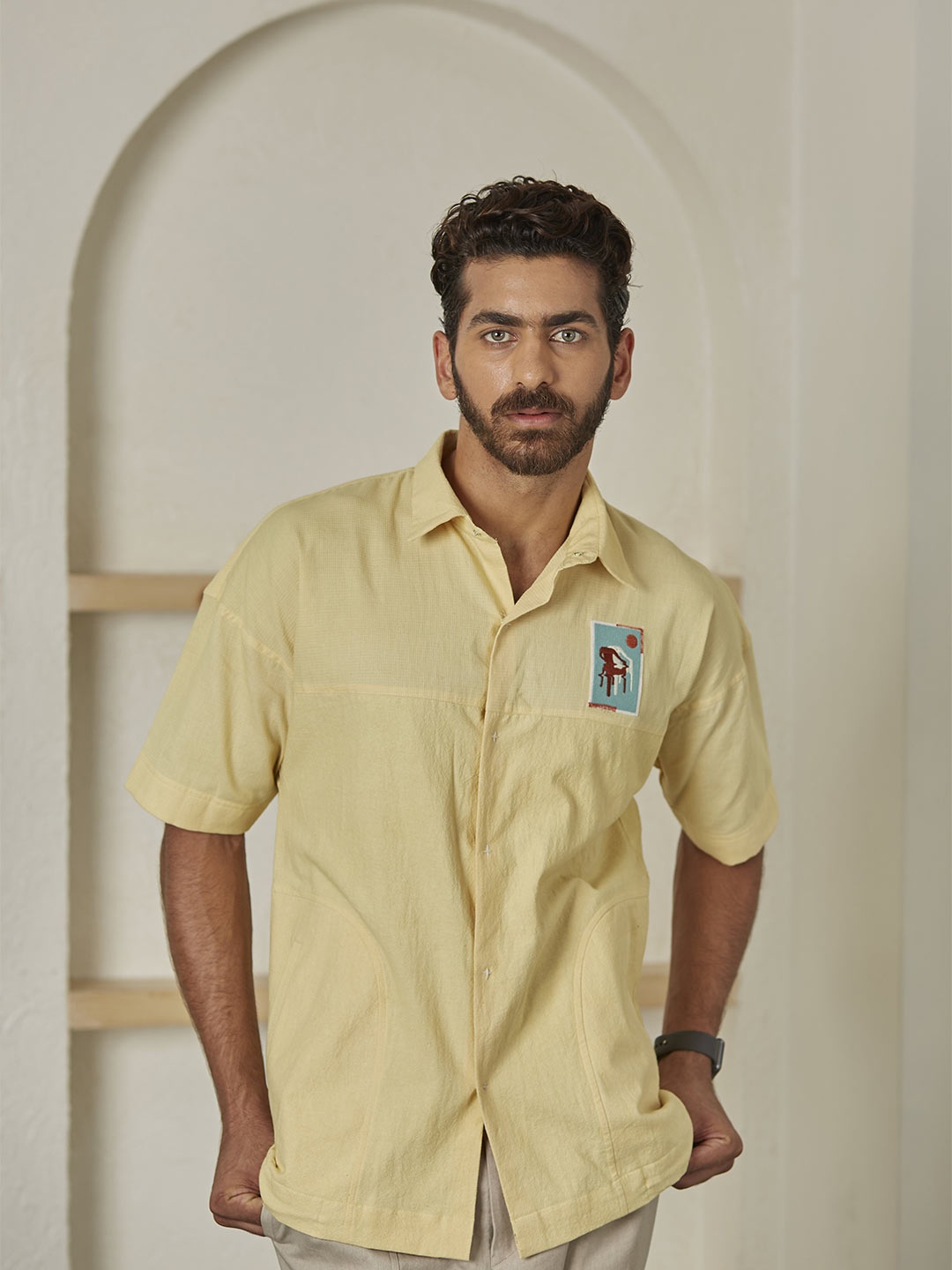 

ARTLESS Relaxed Drop-Shoulder Sleeves Opaque Casual Shirt, Yellow
