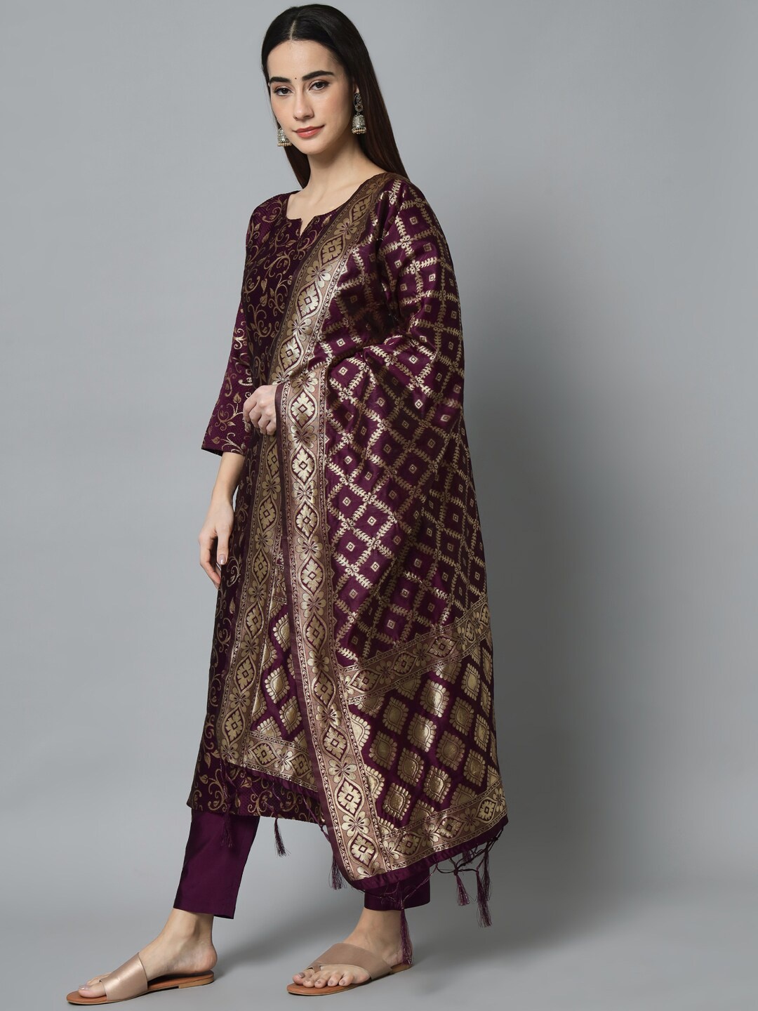 

KALINI Women Jacquard Cotton Silk Kurta with Trousers & With Dupatta, Purple