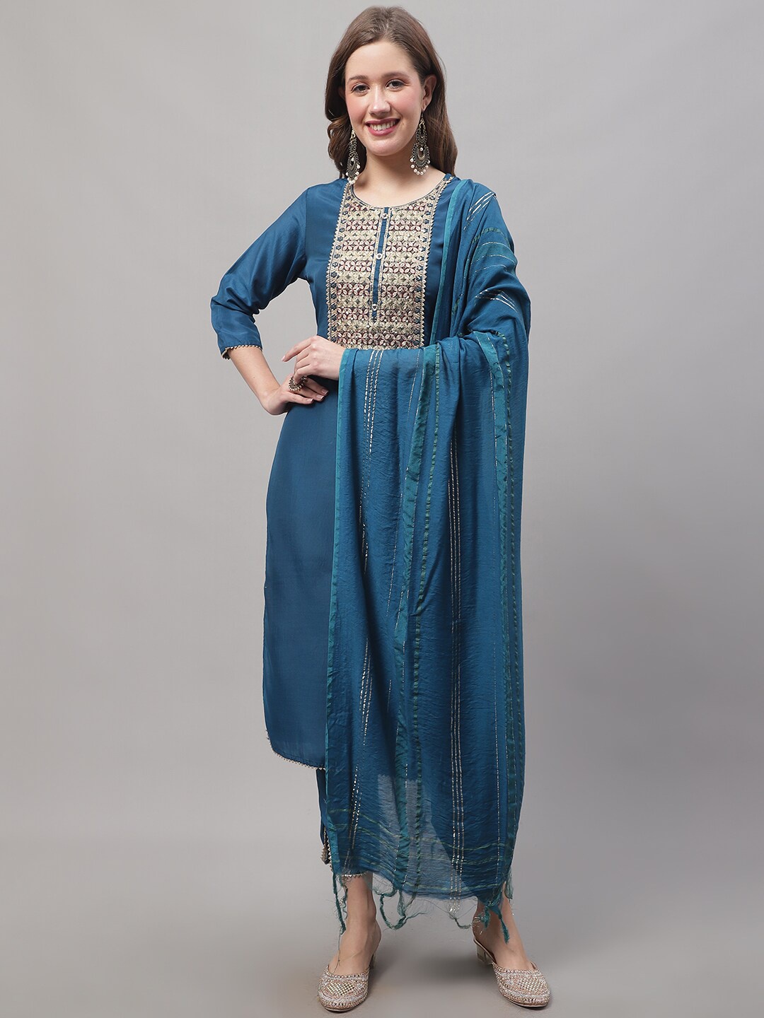 

KALINI Floral Yoke Design Gotta Patti Detail Straight Kurta With Trousers & Dupatta, Teal