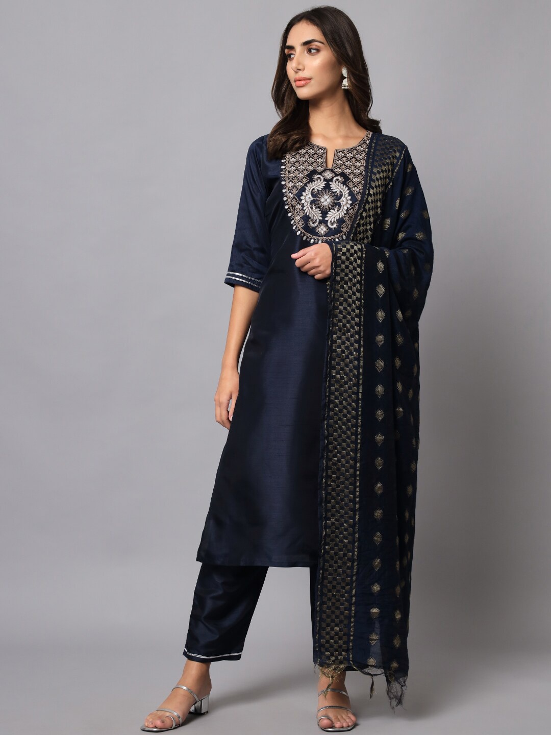 

KALINI Embroidered Straight Kurta With Trouser & Dupatta, Navy blue