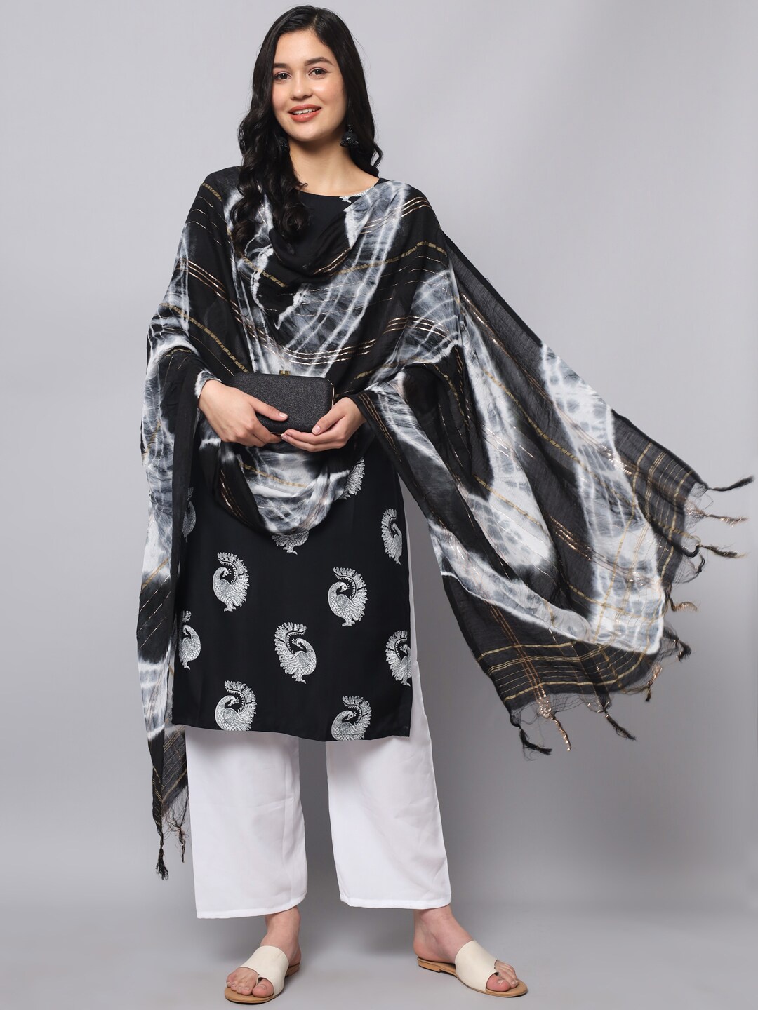 

KALINI Ethnic Motifs Printed Straight Kurta With Palazzos & Dupatta, Black