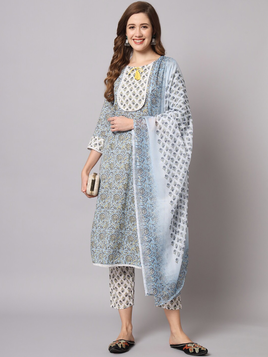 

KALINI Floral Printed Regular Pure Cotton Kurta & Trousers With Dupatta, Blue