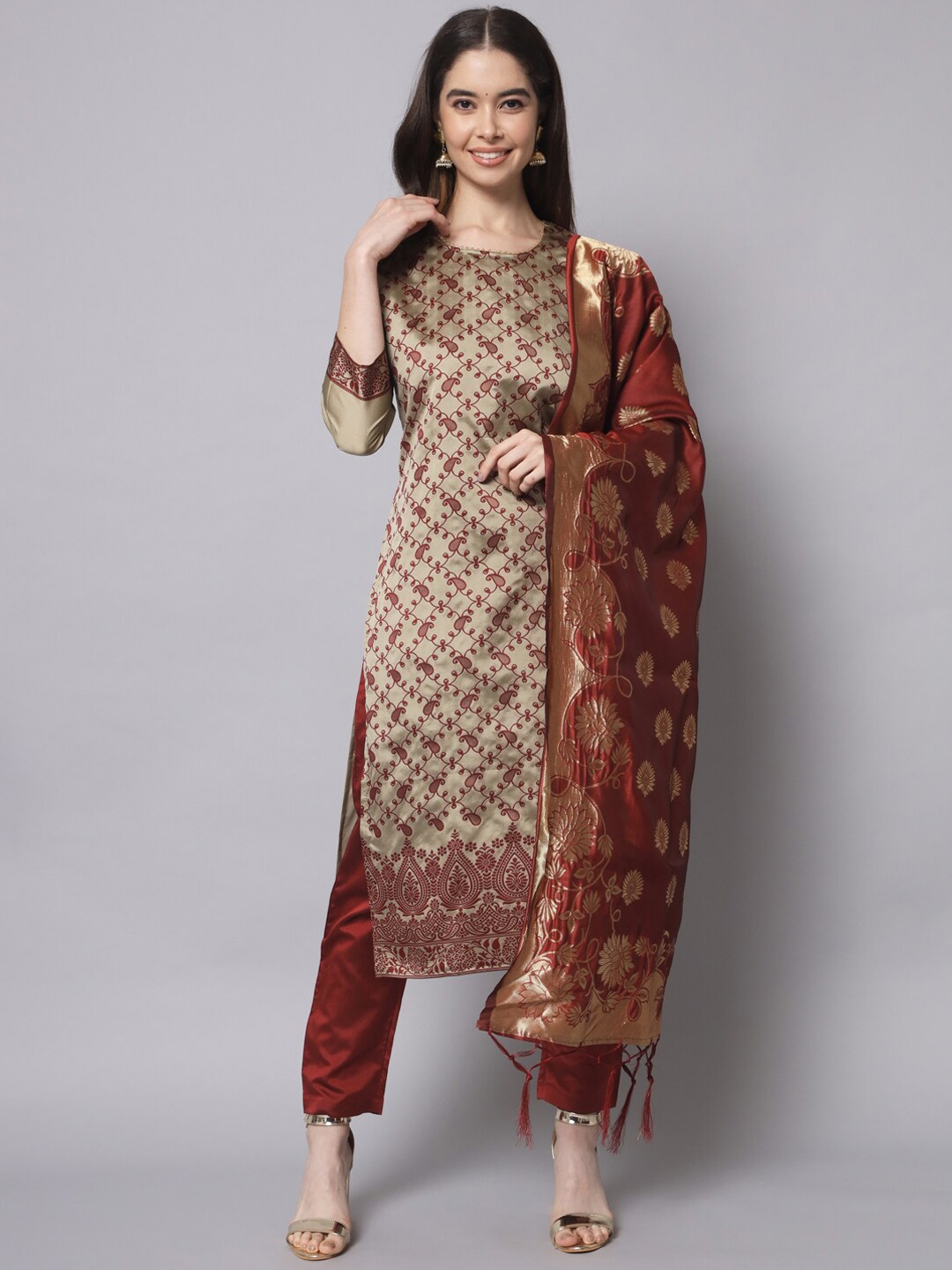 

KALINI Woven Design Gotta Patti Straight Kurta With Trouser & Dupatta, Beige