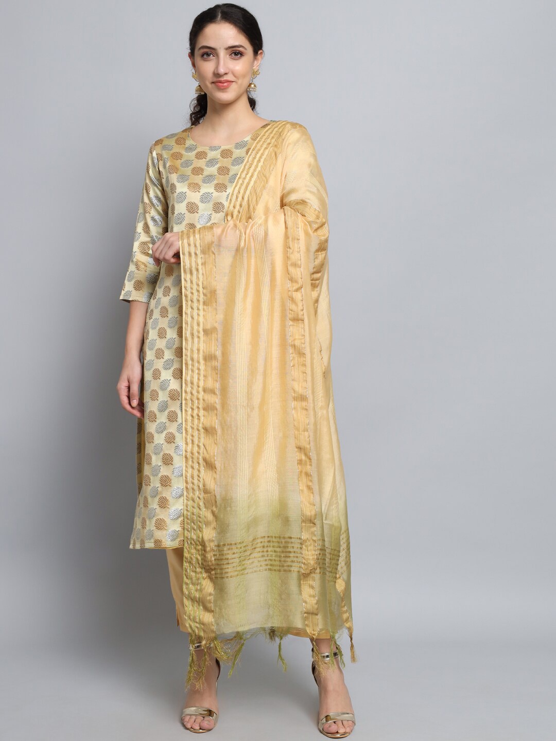 

KALINI Ethnic Motifs Regular Kurta with Trousers & Dupatta, Beige