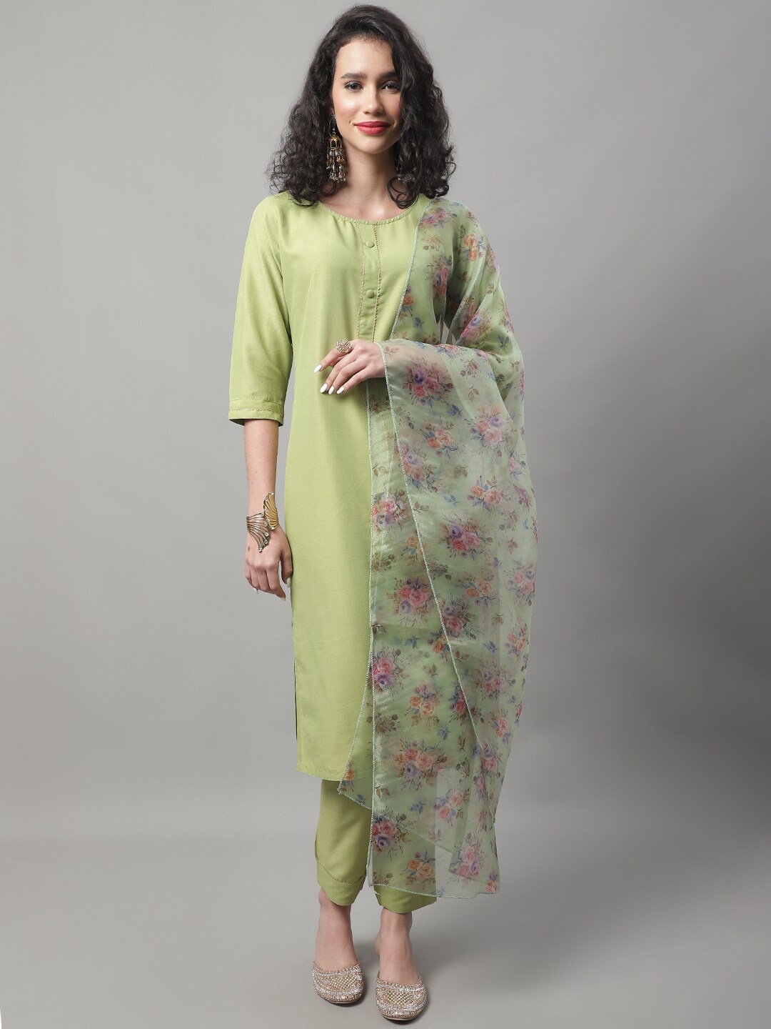 

KALINI Round Neck Gotta Patti Regular Kurta With Trousers & Dupatta, Green