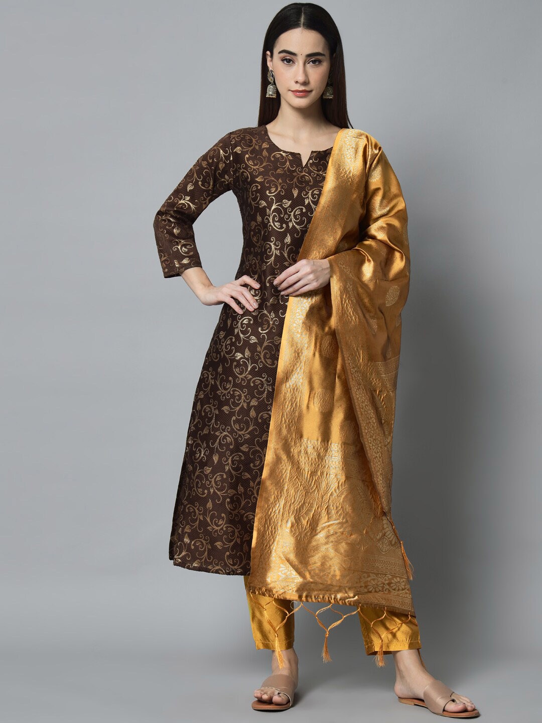 

KALINI Ethnic Motifs Printed Jacquard Kurta With Trousers & Dupatta, Coffee brown