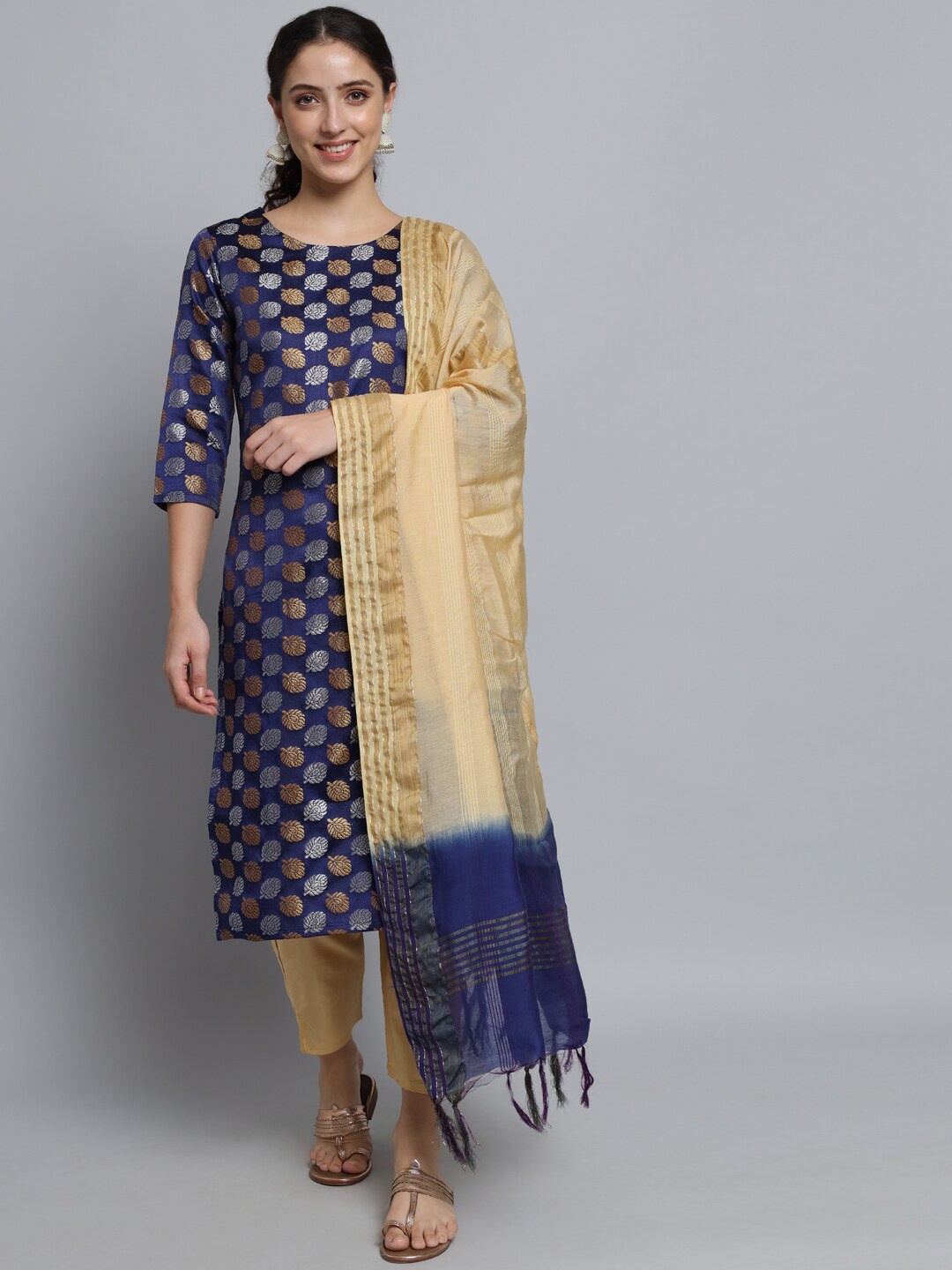 

KALINI Women Navy Blue Ethnic Motifs Printed Regular Thread Work Kurta with Trousers & With Dupatta