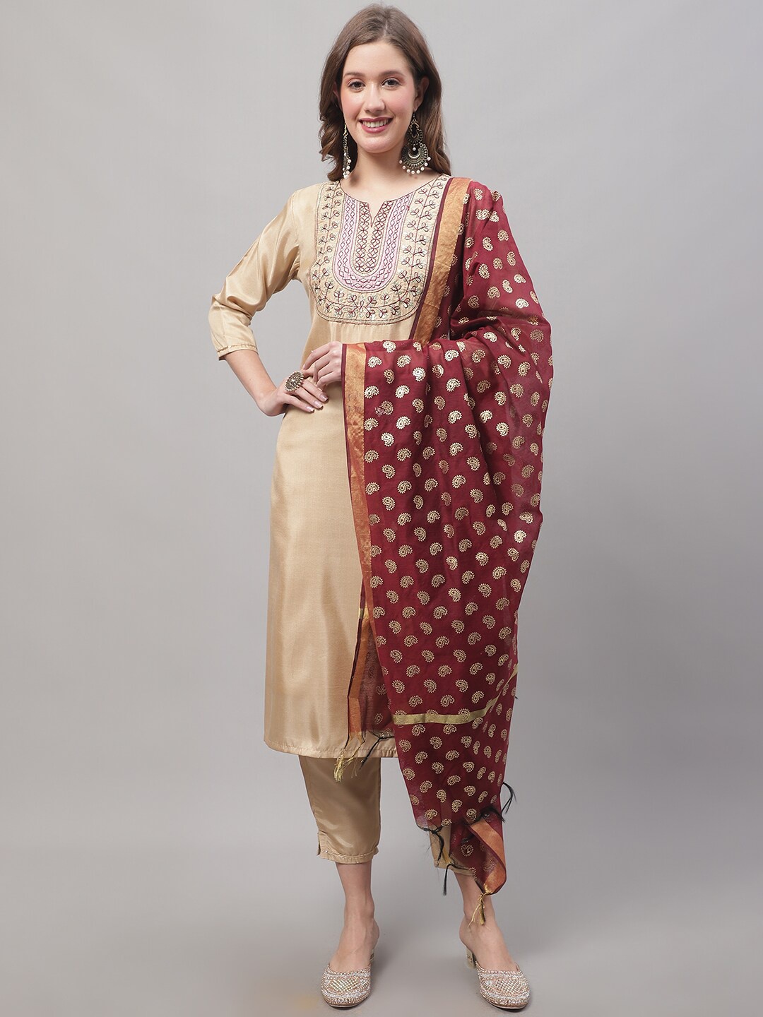 

KALINI Yoke Design Kurta With Trousers & Dupatta, Gold