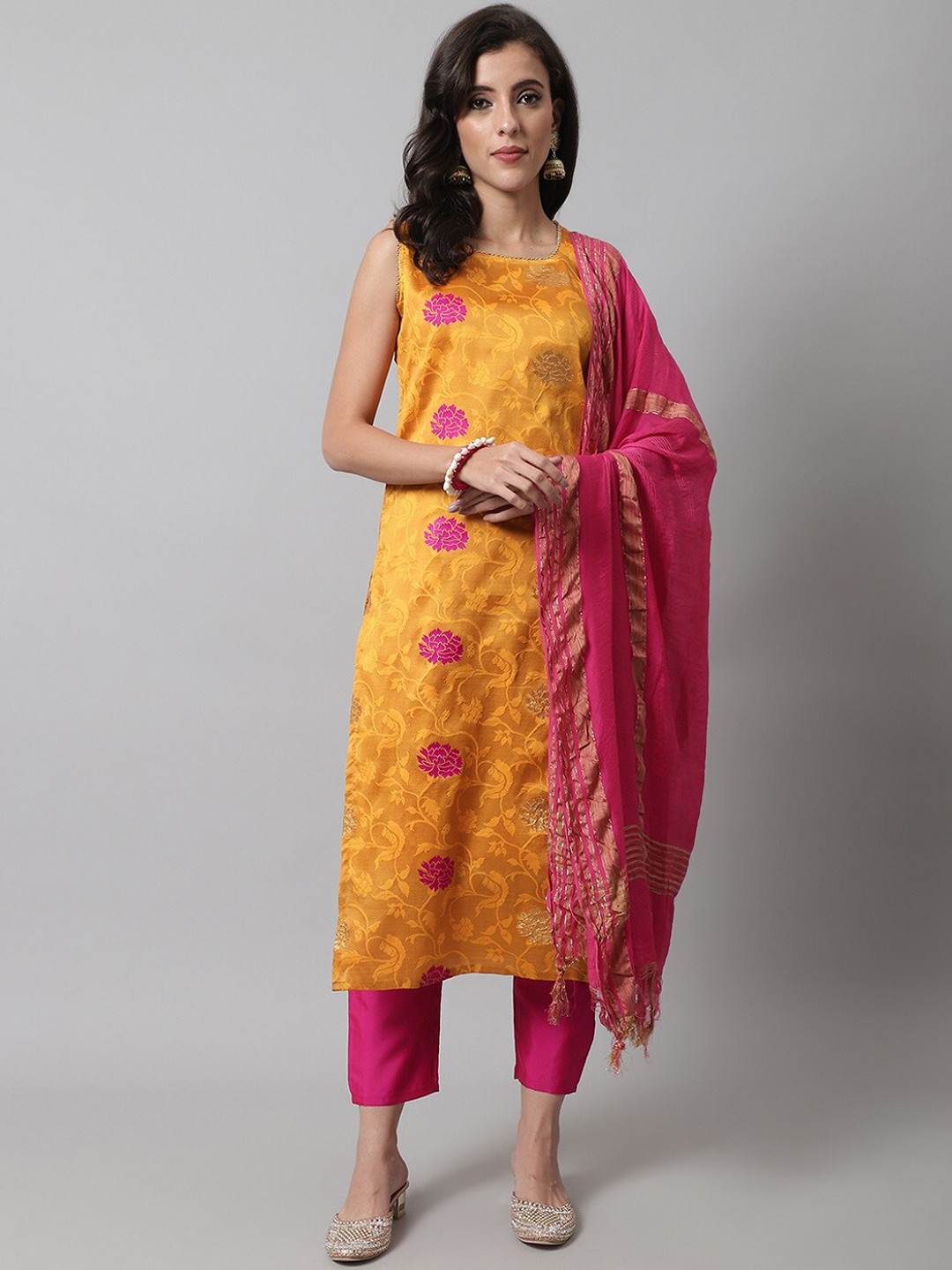 

KALINI Women Yellow Ethnic Motifs Regular Kurta with Trousers & With Dupatta