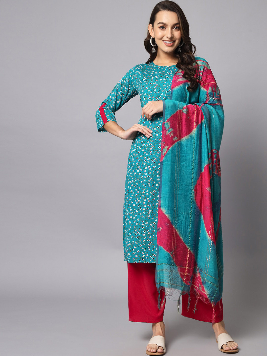 

KALINI Floral Printed Kurta With Trousers & Dupatta, Green