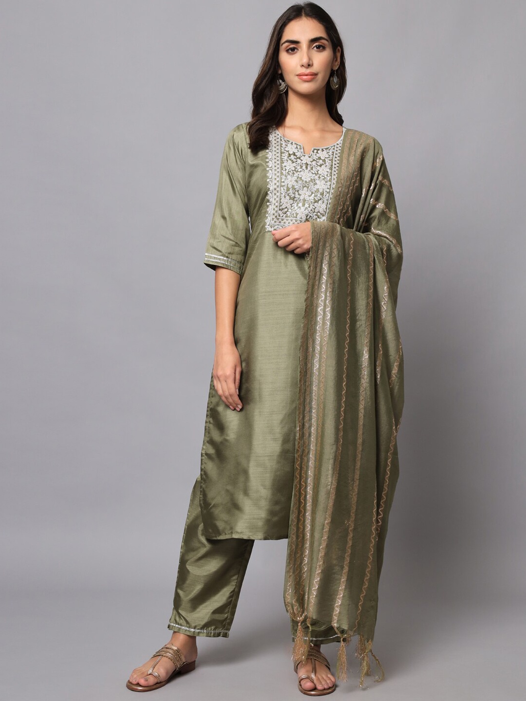 

KALINI Yoke Design Thread Work Regular Kurta With Trousers & Dupatta, Green