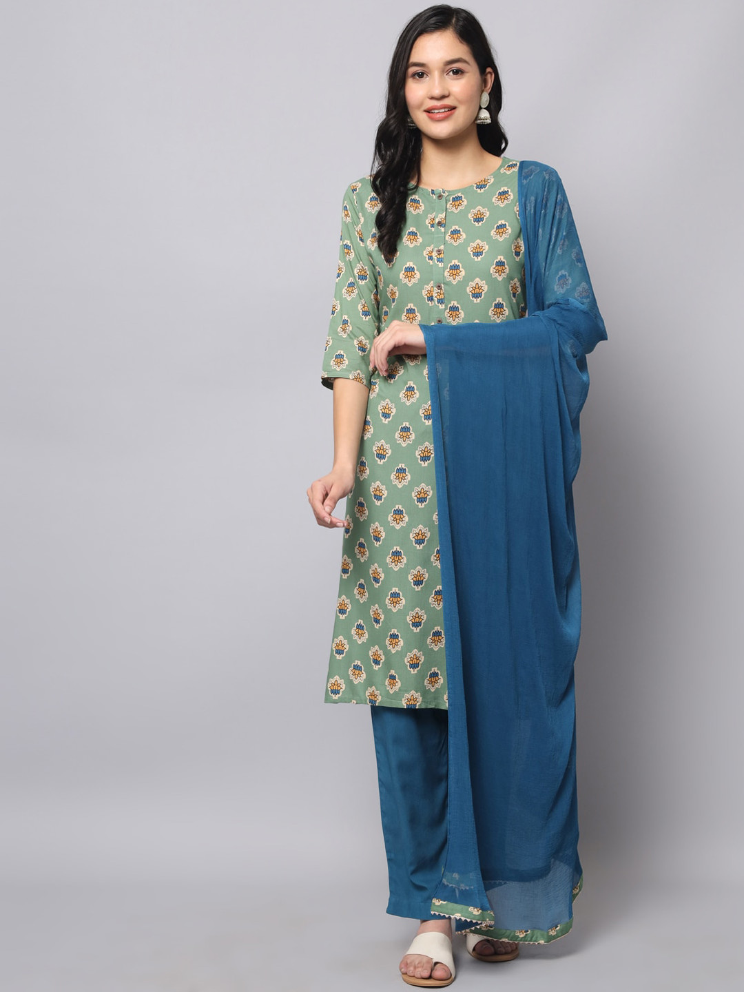 

KALINI Women Green Ethnic Motifs Printed Regular Pure Cotton Kurta with Trousers & With Dupatta