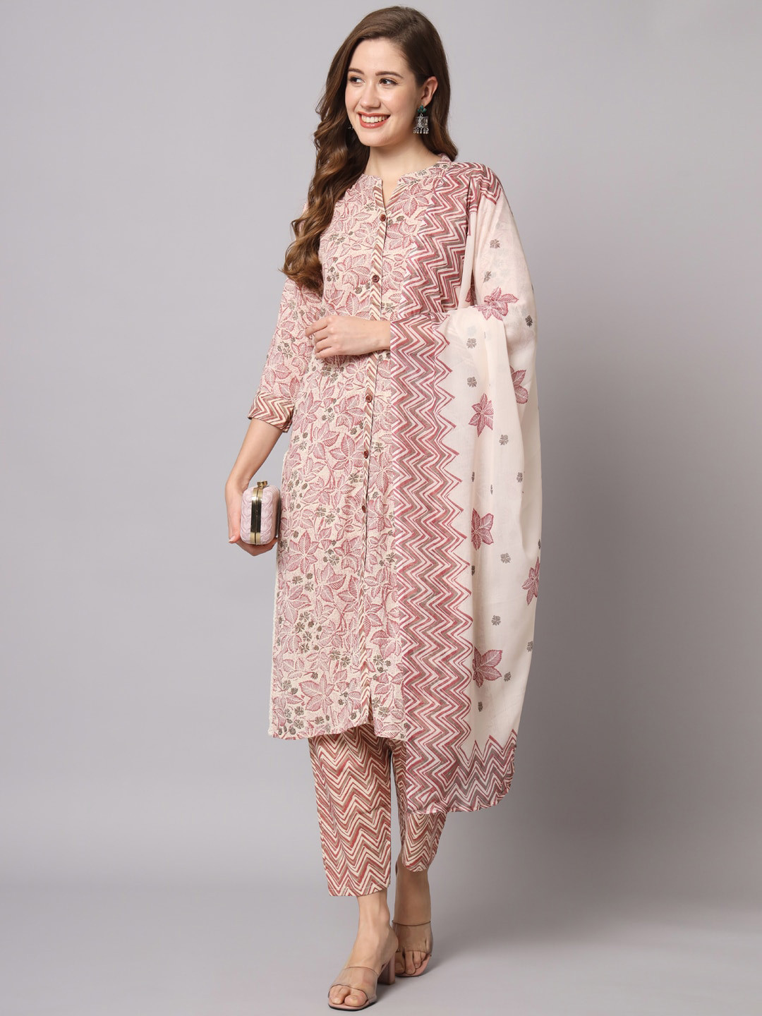 

KALINI Cotton Floral Printed Pure Cotton Kurta With Trousers & Dupatta, Pink