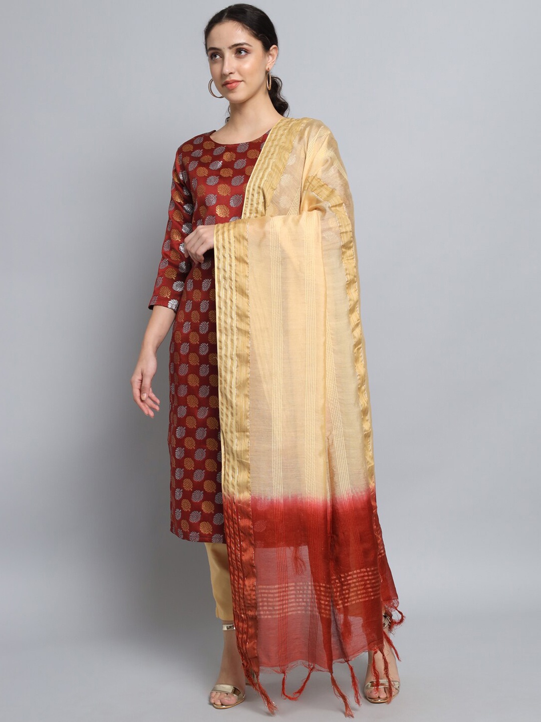 

KALINI Women Maroon Ethnic Motifs Printed Regular Kurta with Trousers & With Dupatta
