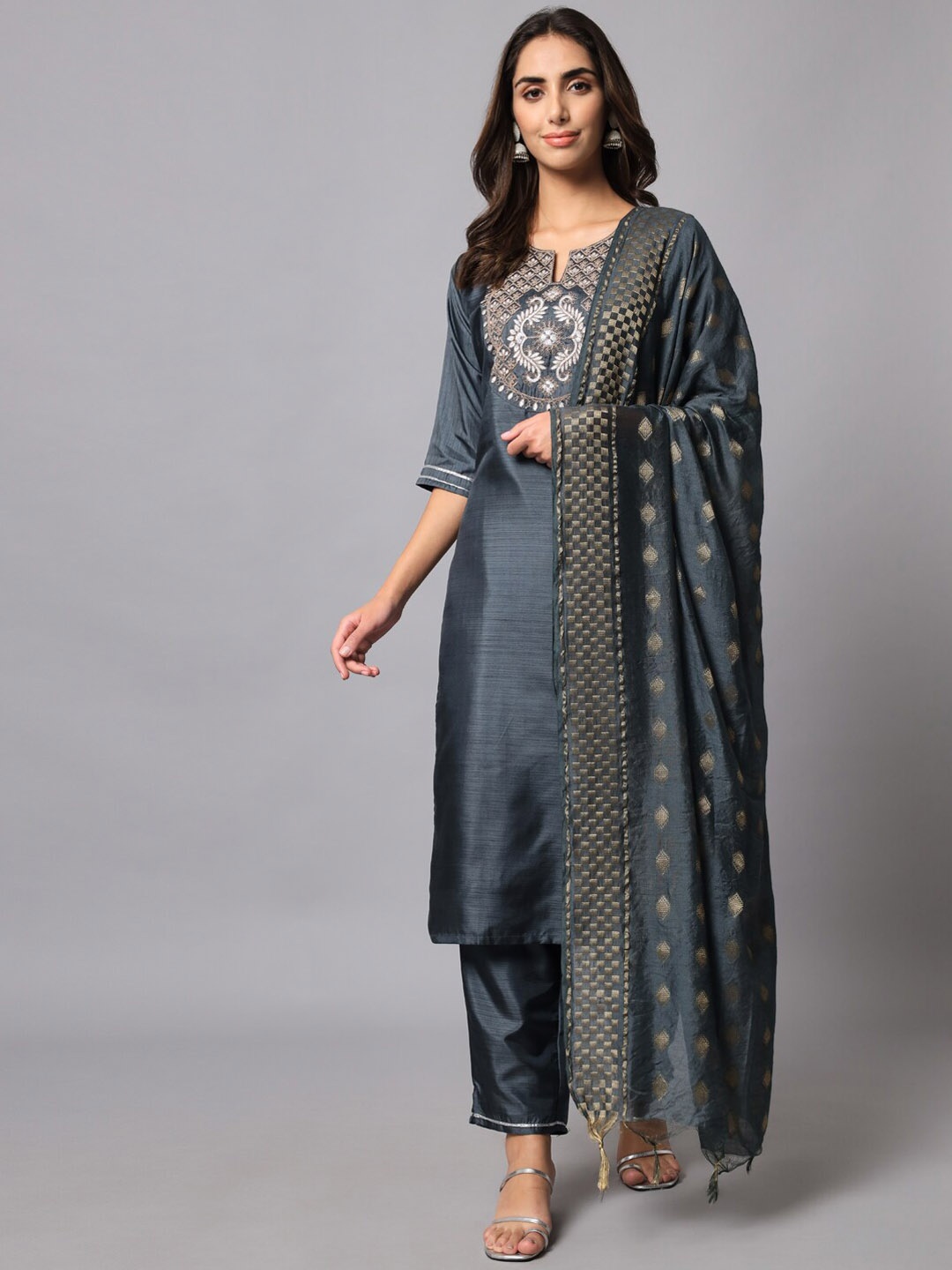 

KALINI Ethnic Motifs Yoke Design Regular Kurta With Trousers & Dupatta, Charcoal