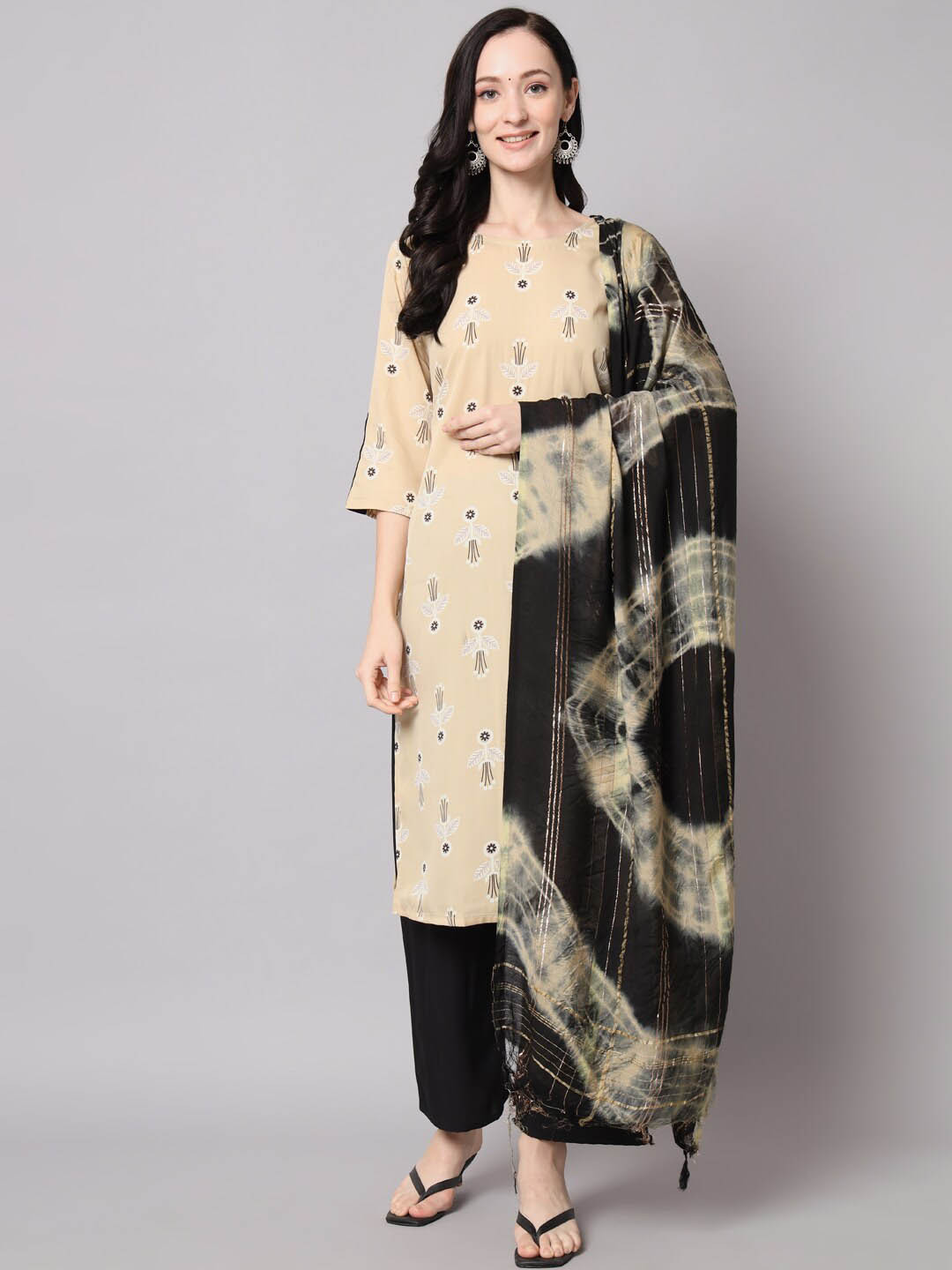 

KALINI Ethnic Motifs Printed Regular Kurta with Palazzos & Dupatta, Beige