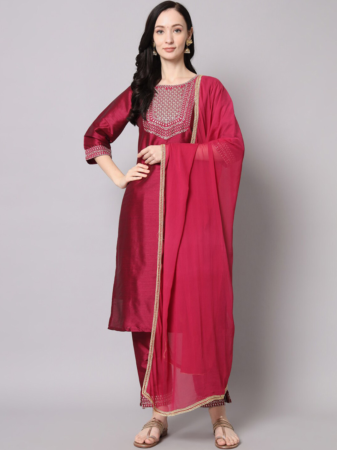 

KALINI Floral Yoke Design Sequinned Detail Straight Kurta with Trousers & Dupatta, Pink