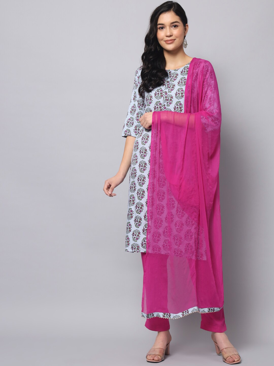 

KALINI Floral Printed Pure Cotton Kurta With Trousers & Dupatta, Blue