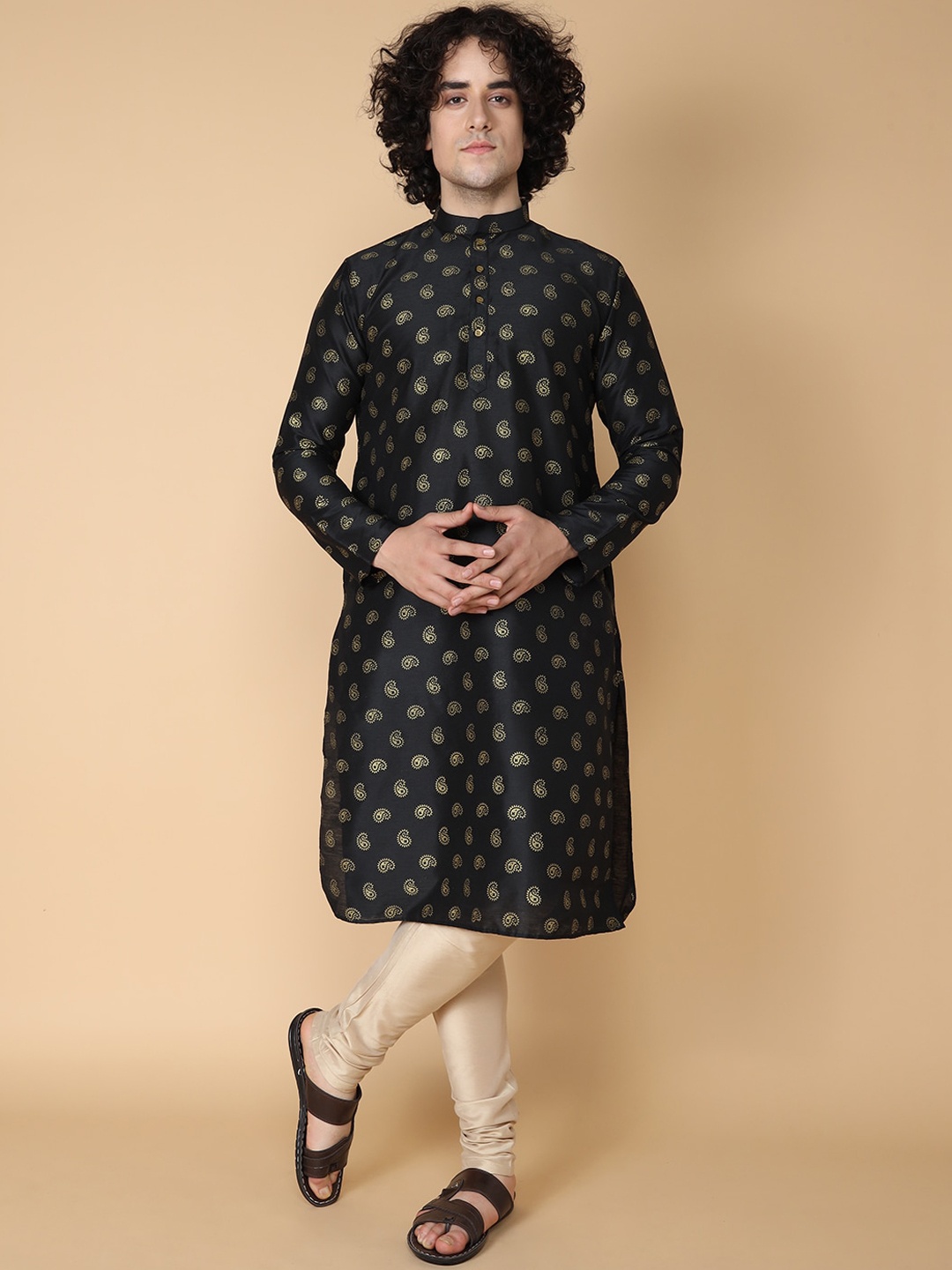 

TABARD Ethnic Motifs Printed Mandarin Collar Pure Cotton Kurta with Churidar, Black
