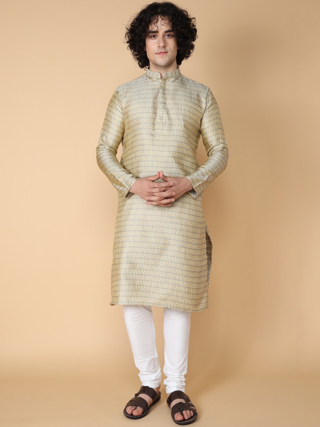 

TABARD Embroidered Mandarin Collar Regular Kurta with Churidar, Beige