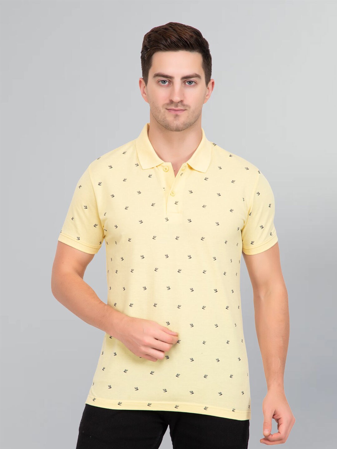 

GODFREY Conversational Printed Polo Collar Cotton T-shirt, Yellow