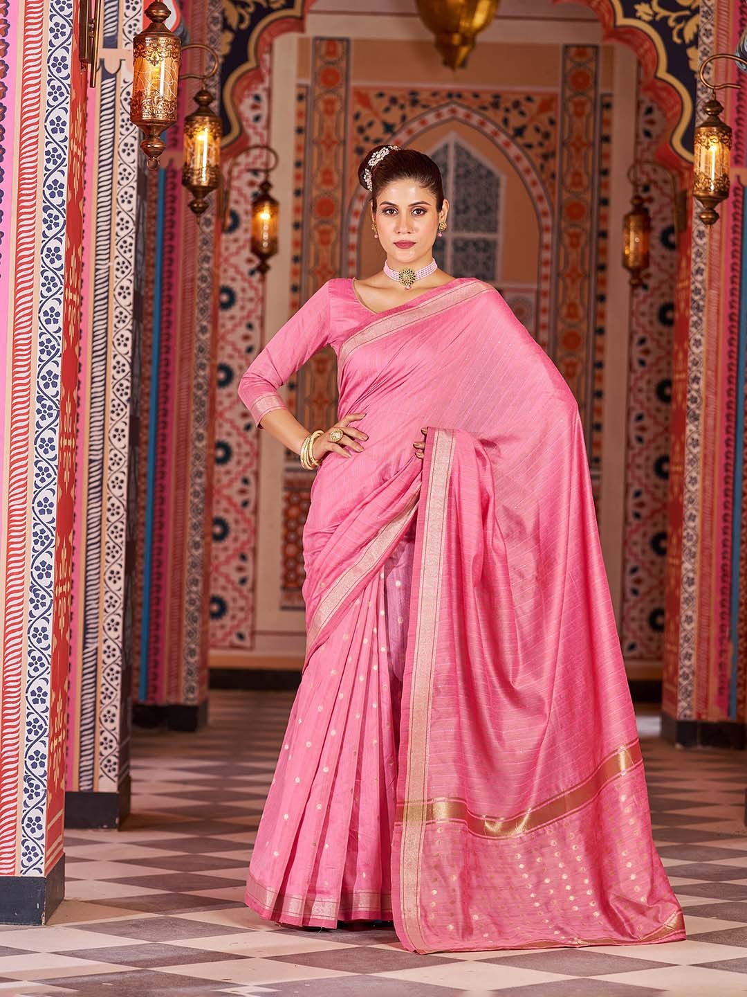 

elora Striped Zari Bhagalpuri Saree, Pink