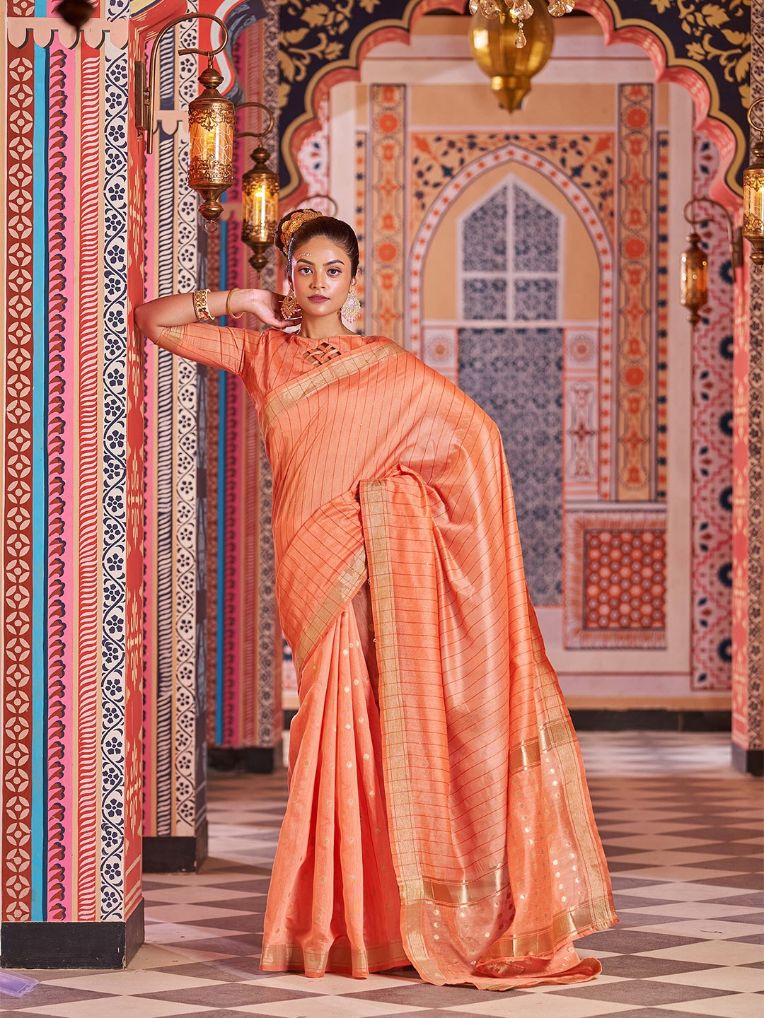 

elora Striped Zari Bhagalpuri Saree, Peach