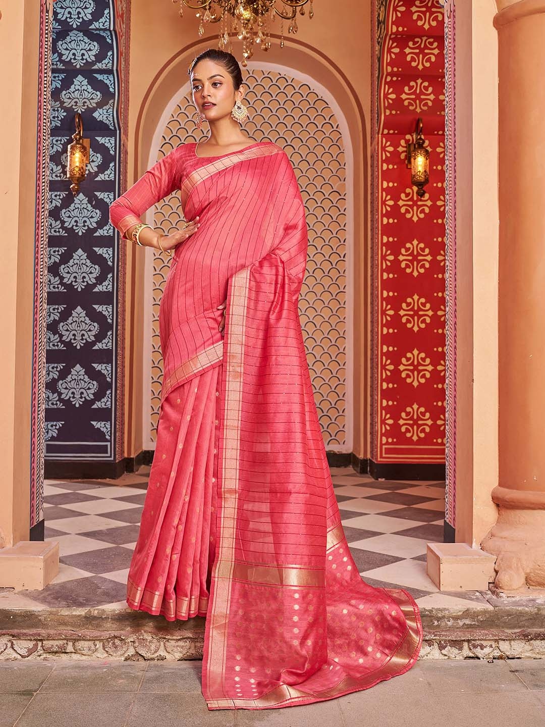 

elora Striped Zari Bhagalpuri Saree, Pink