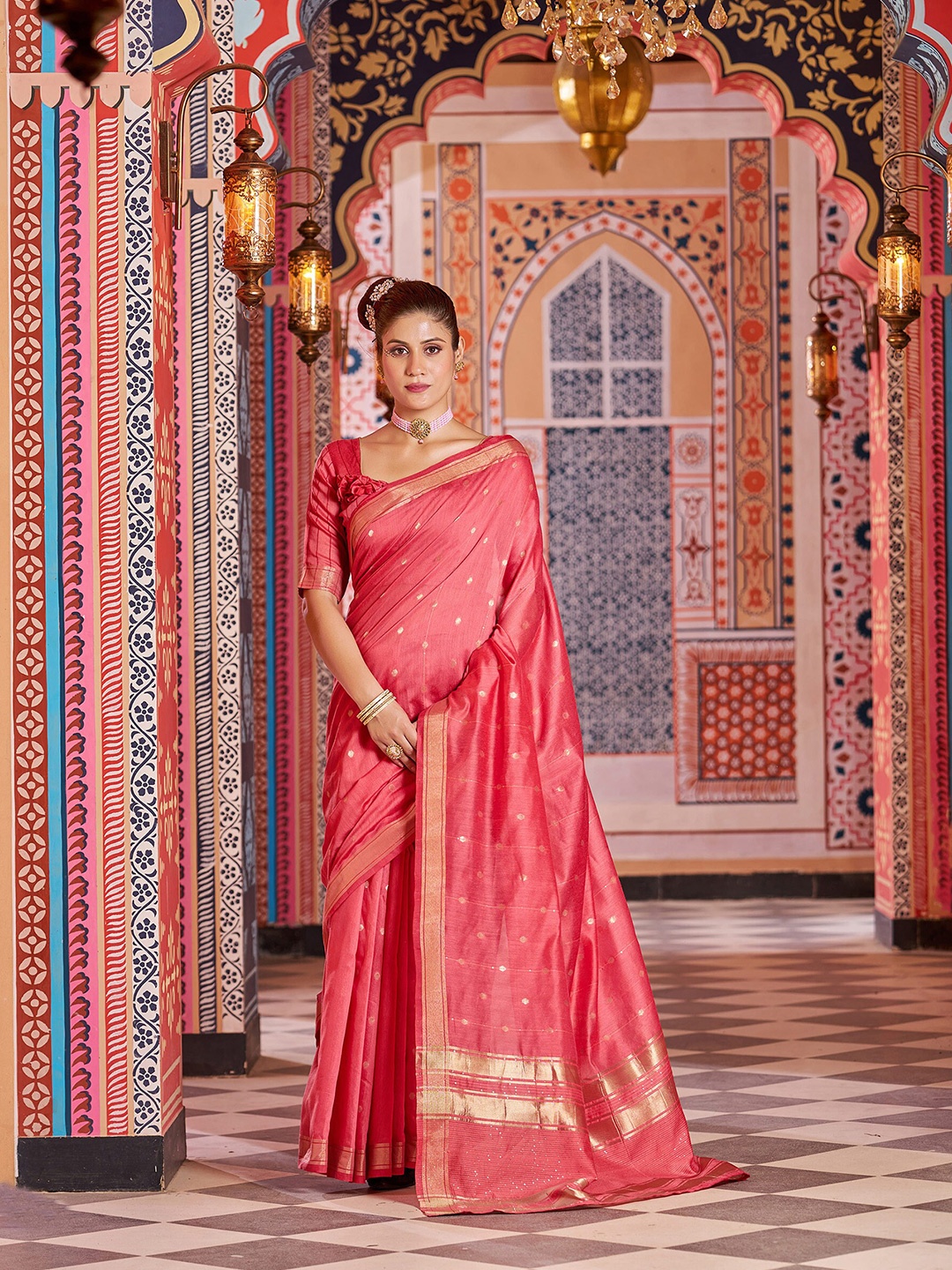 

elora Ethnic Motif Woven Design Zari Bhagalpuri Saree, Pink