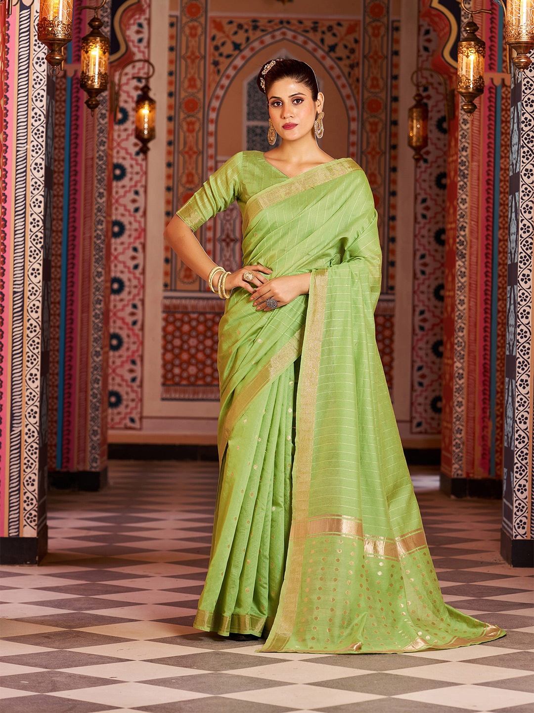 

elora Striped Zari Bhagalpuri Saree, Green
