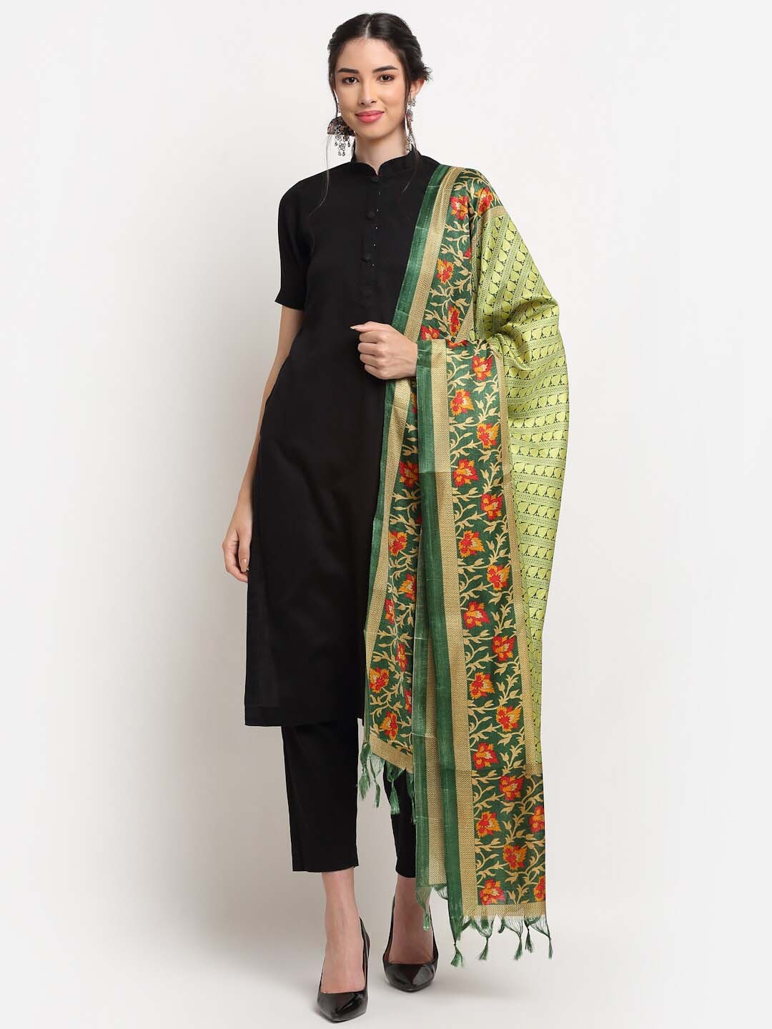 

TAG 7 Floral Printed Cotton Silk Dupatta, Green