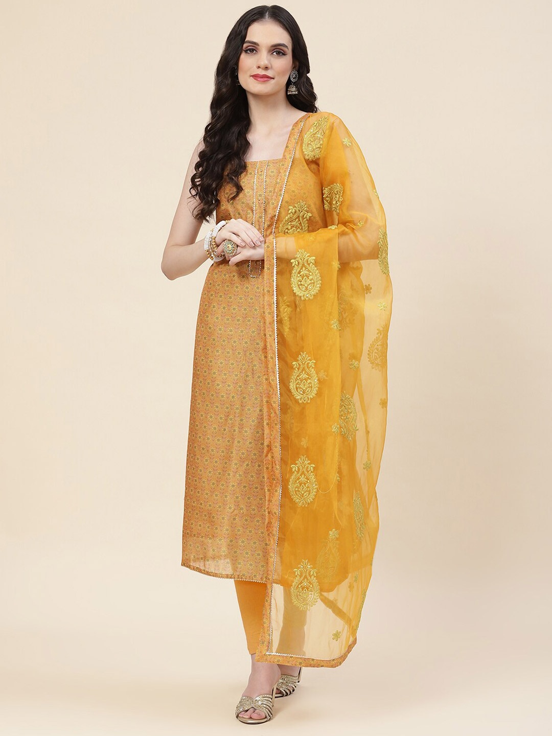 

Meena Bazaar Floral Printed Unstitched Dress Material, Mustard