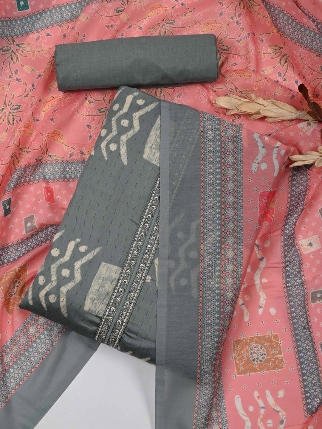 

Meena Bazaar Floral Printed With Thread Work Unstitched Dress Material, Sea green