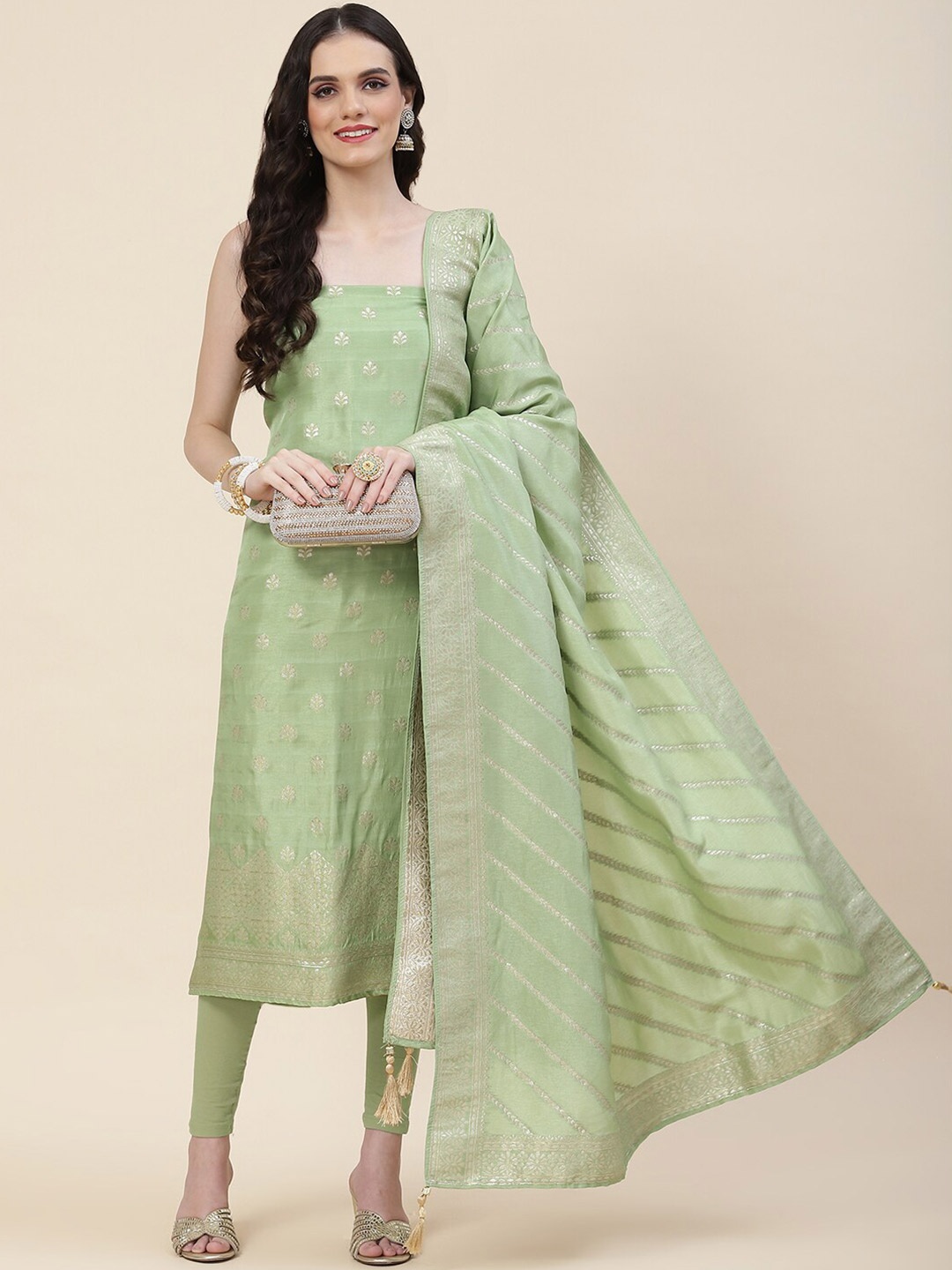 

Meena Bazaar Floral Woven Design Unstitched Dress Material, Green