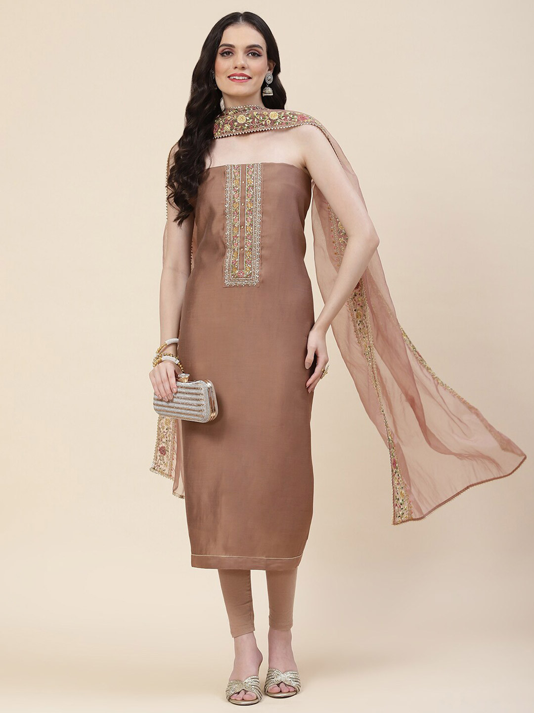

Meena Bazaar Embroidered Art Silk Unstitched Dress Material, Brown