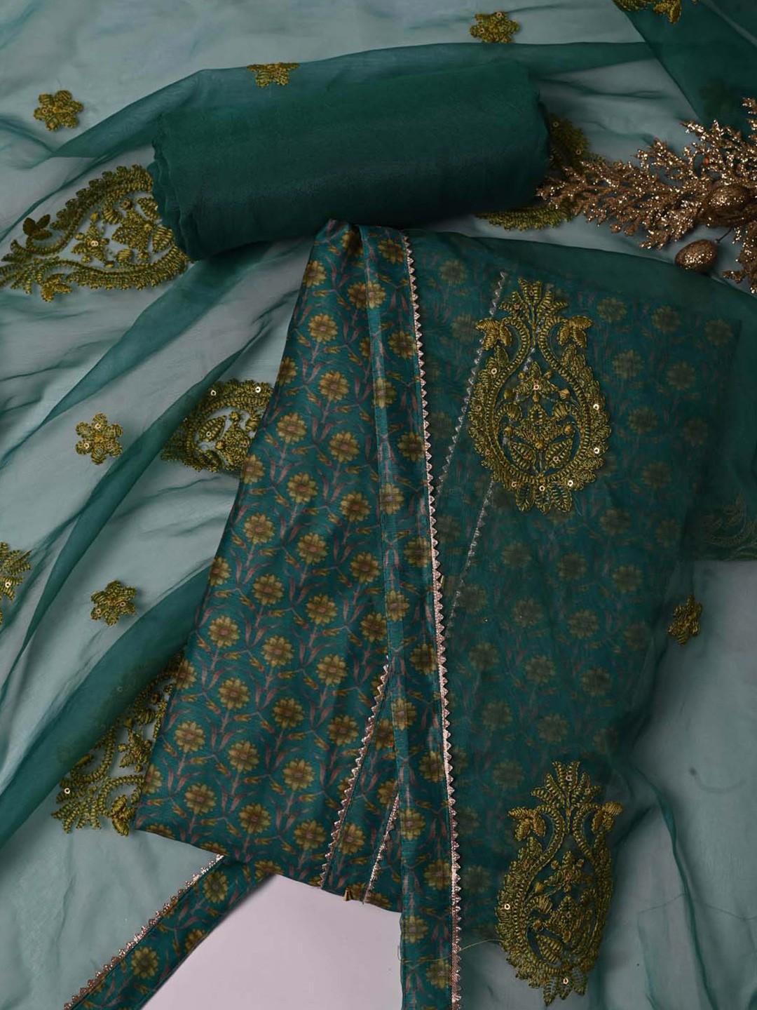

Meena Bazaar Printed Art Silk Unstitched Dress Material, Green