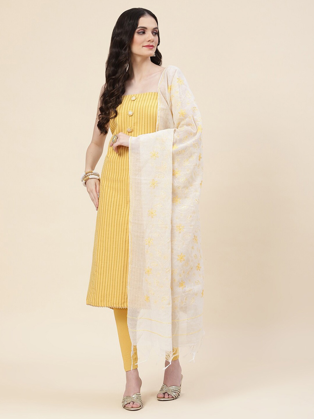 

Meena Bazaar Striped Thread Work Unstitched Dress Material, Yellow