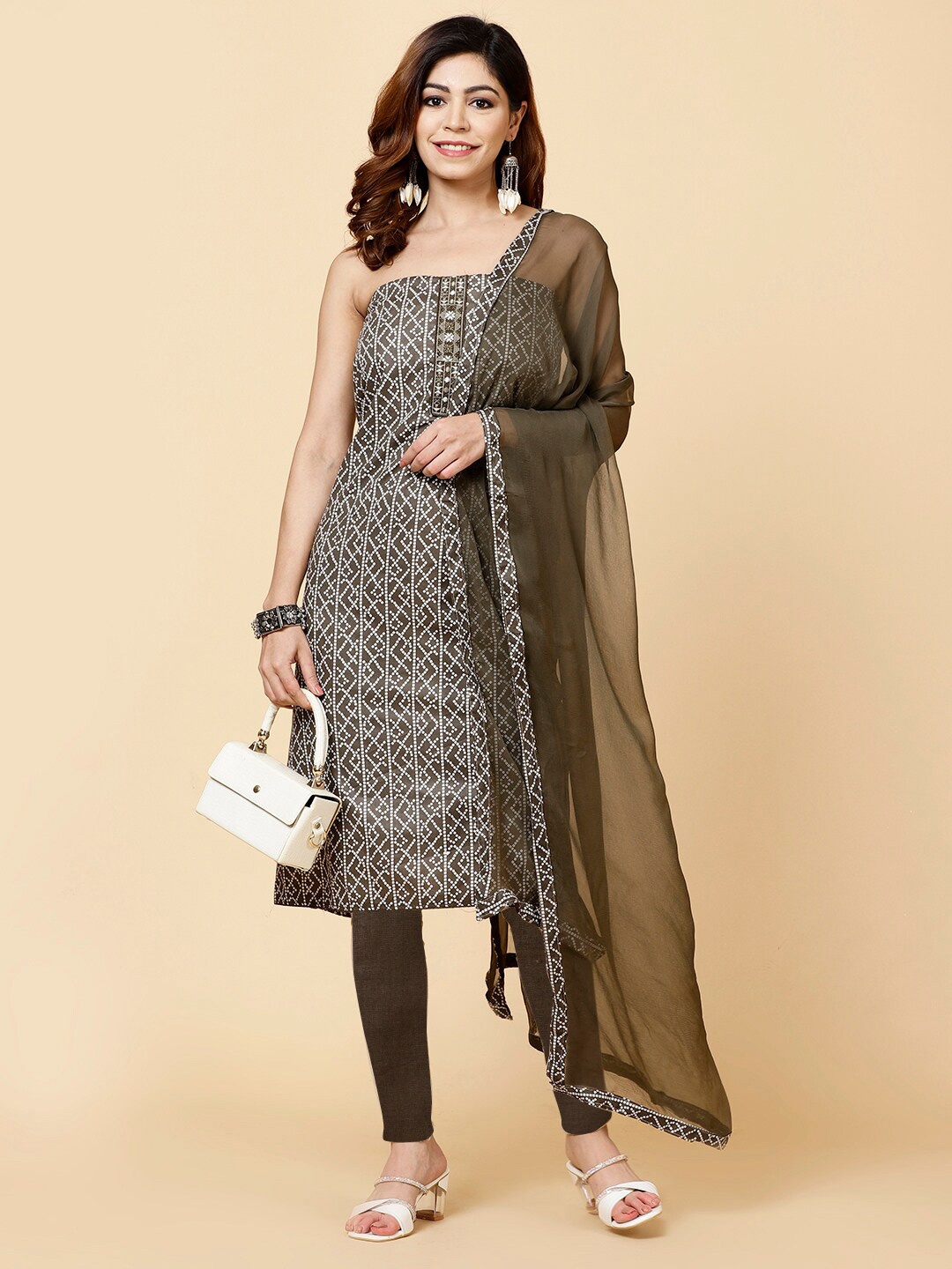 

Meena Bazaar Ethnic Motifs Printed Unstitched Dress Material, Brown