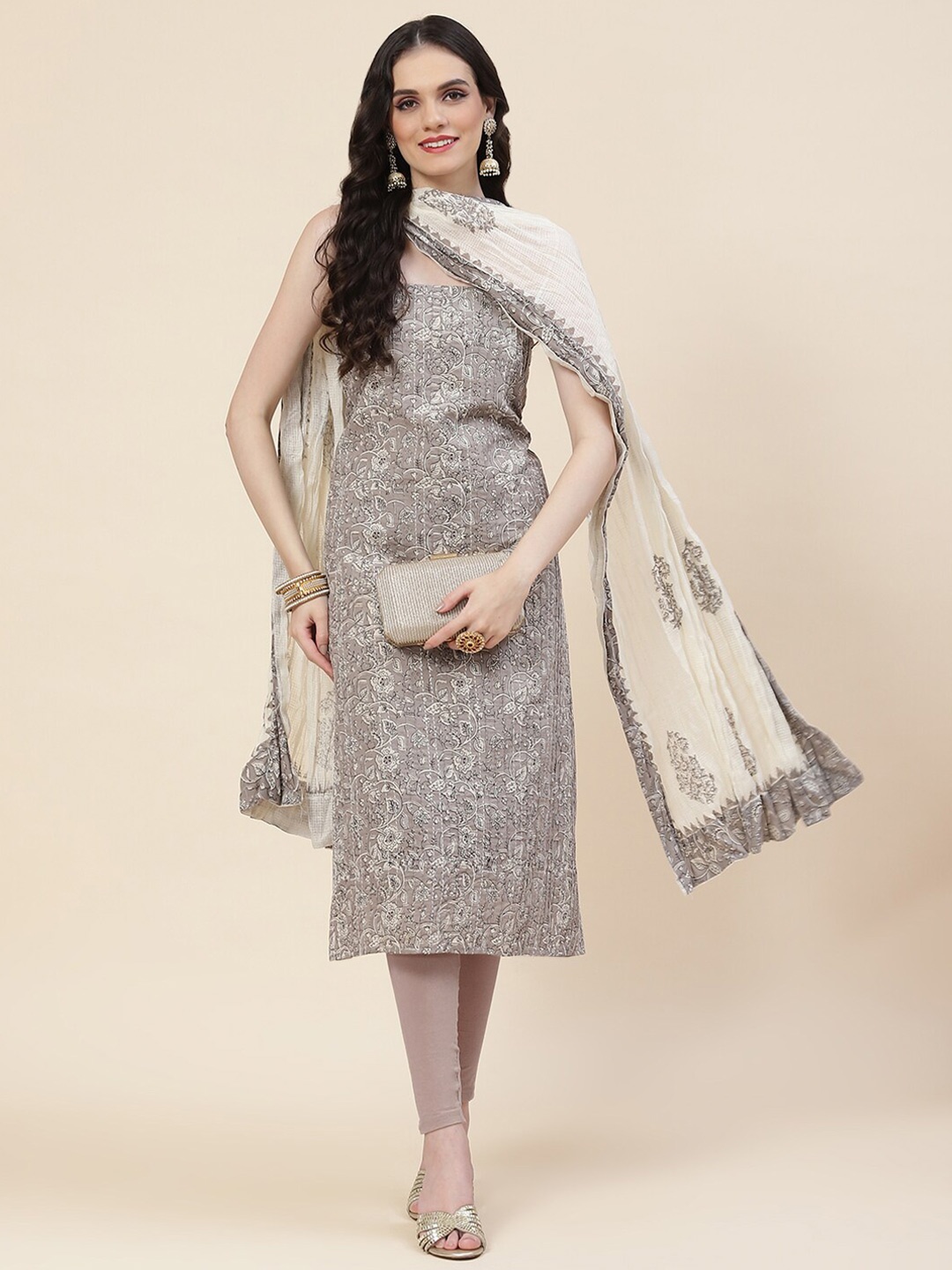 

Meena Bazaar Floral Printed Thread Work Unstitched Dress Material, Grey