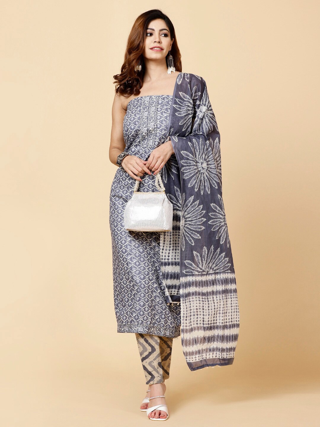 

Meena Bazaar Ethnic Motif Printed Unstitched Dress Material, Blue