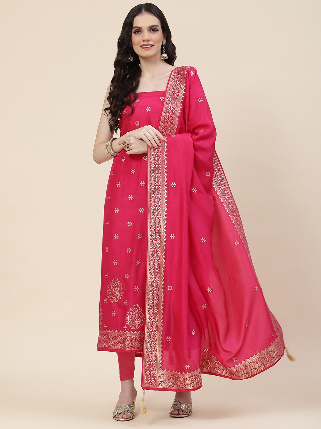 

Meena Bazaar Floral Woven Design Zari Unstitched Dress Material, Pink