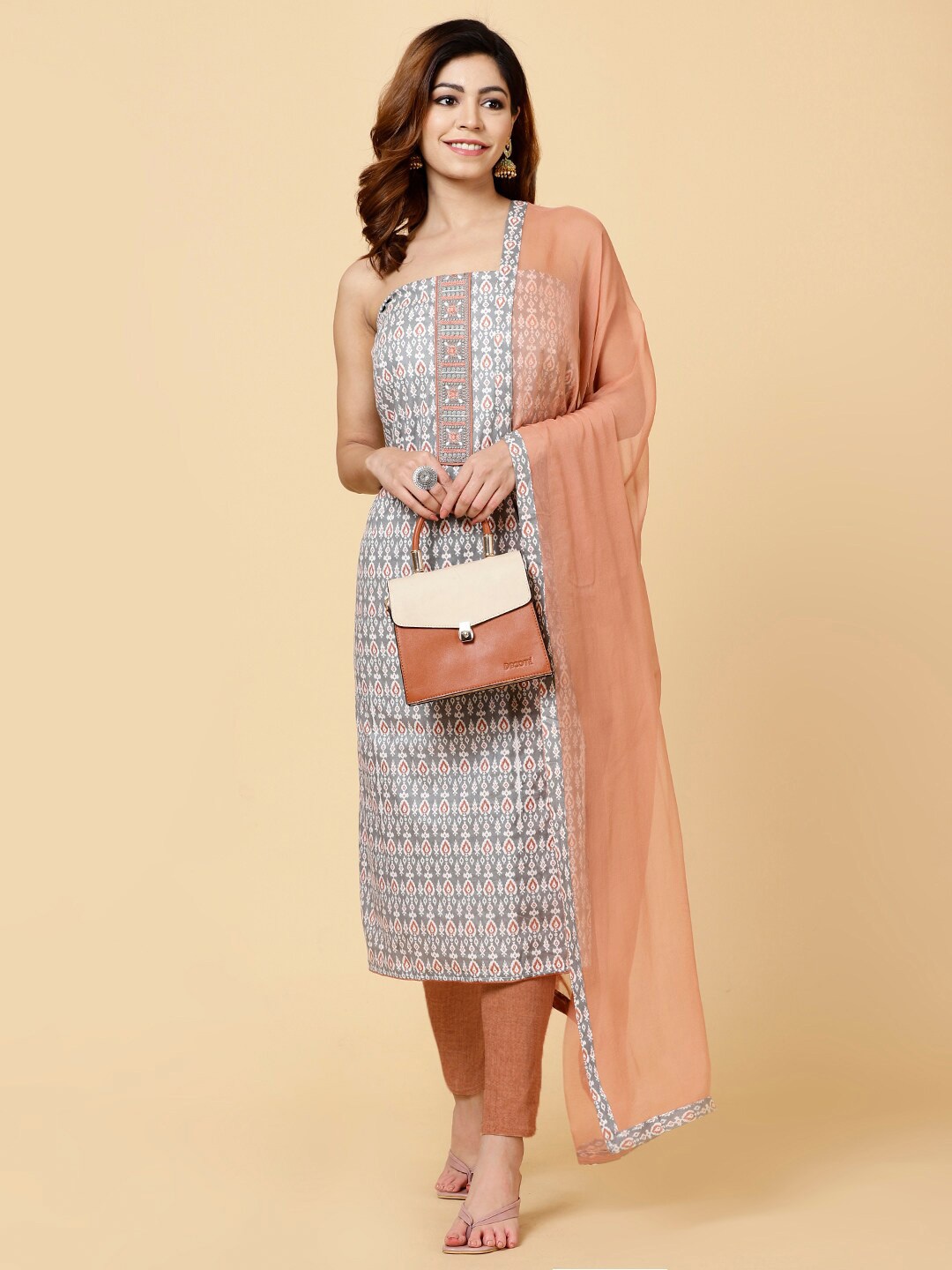 

Meena Bazaar Ethnic Motif Printed With Thread Work Ikat Unstitched Dress Material, Grey
