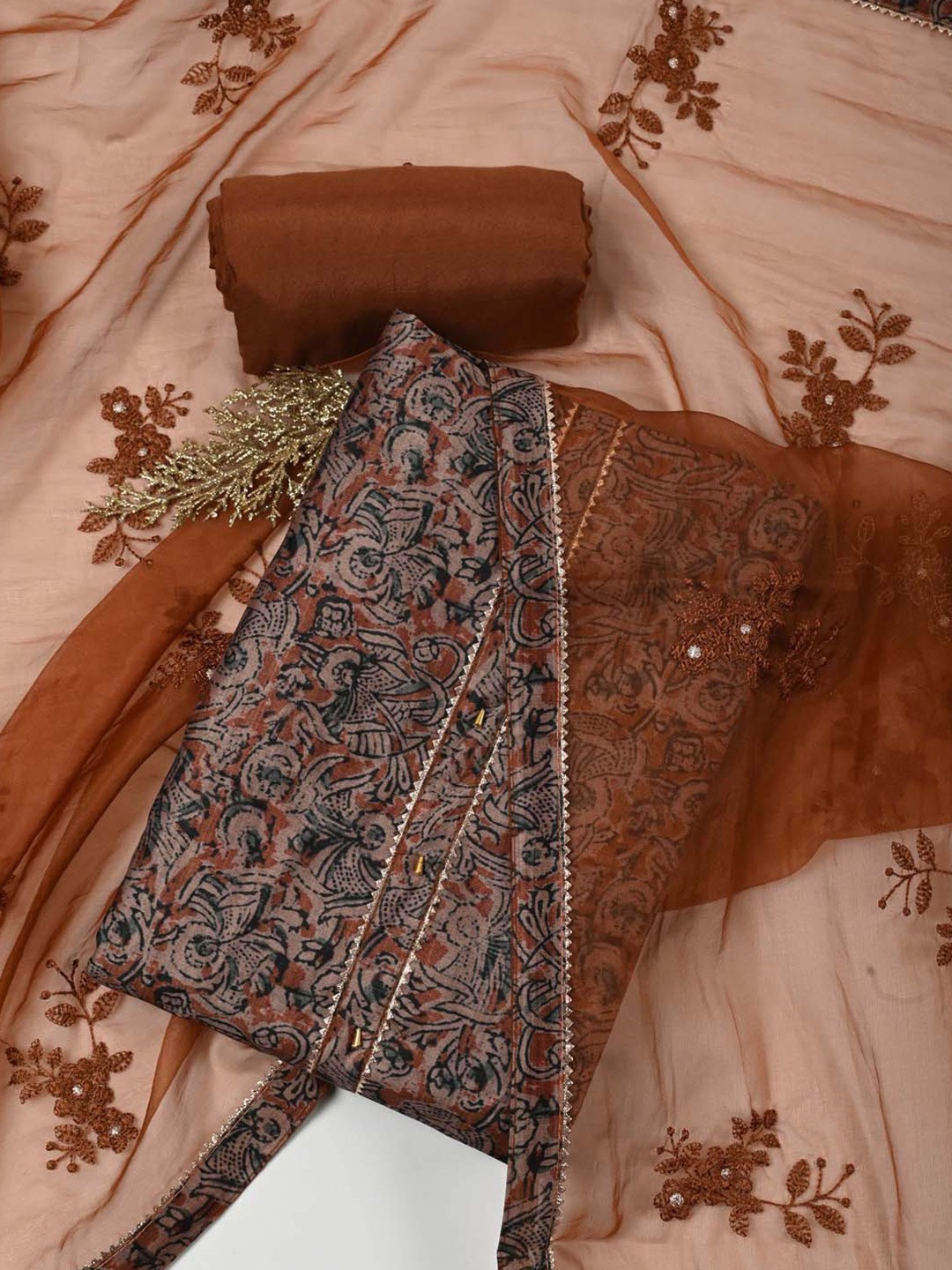 

Meena Bazaar Ethnic Motifs Printed Unstitched Dress Material, Brown
