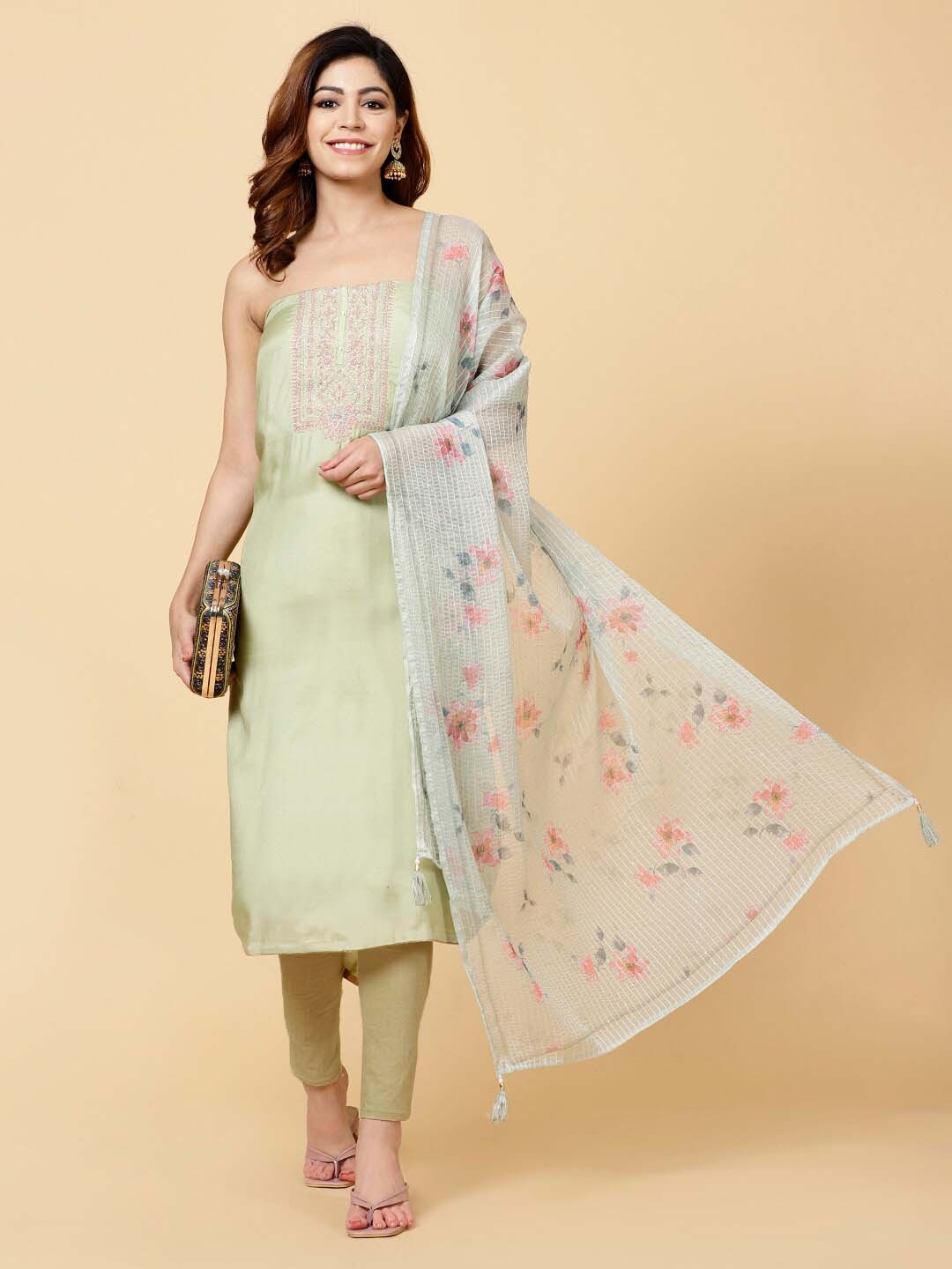 

Meena Bazaar Embroidered Sequinned Unstitched Dress Material, Green